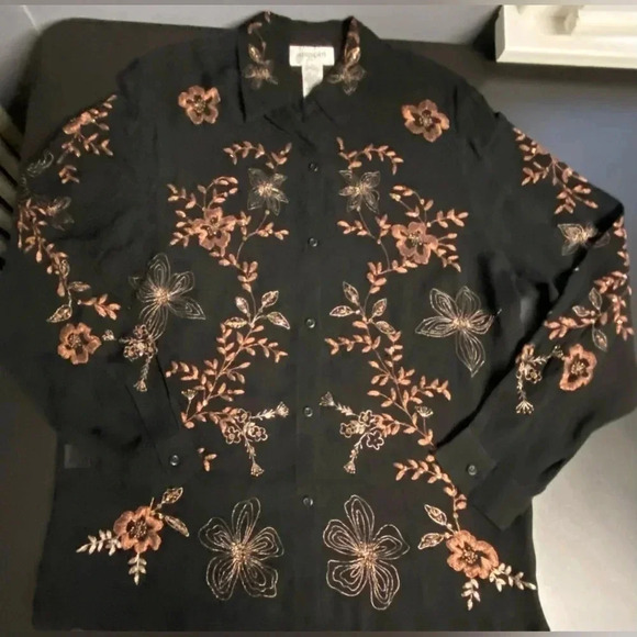 Sheer Women’s Large Blouse All Over Floral Embroidered Whimsigoth‎ Black Button - Picture 1 of 12